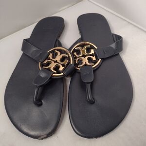 Tory Burch Miller Mirror Mirrored Flip Flops Sandals 40 Navy Gold R